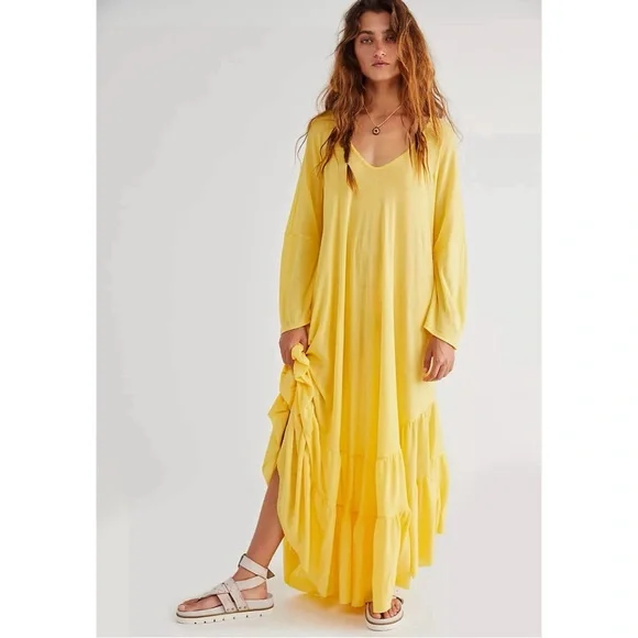 Free People Sun Seeker Mellow Yellow Maxi Dress NWT SZ S - Picture 1 of 6